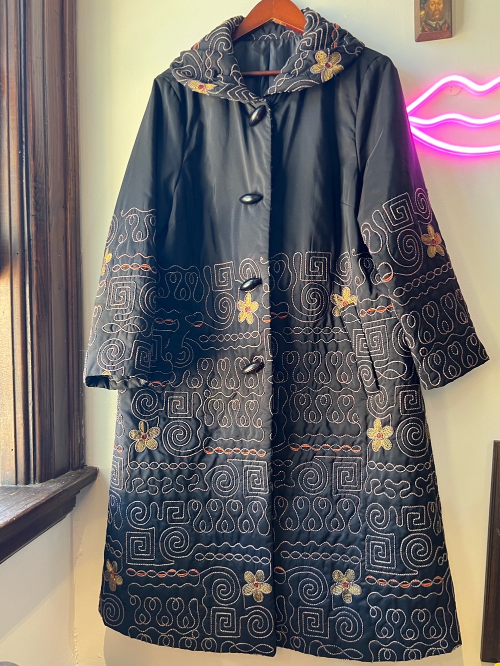 Black Semi Quilted Weather Resistant Autumn Art Deco Design Long Coat